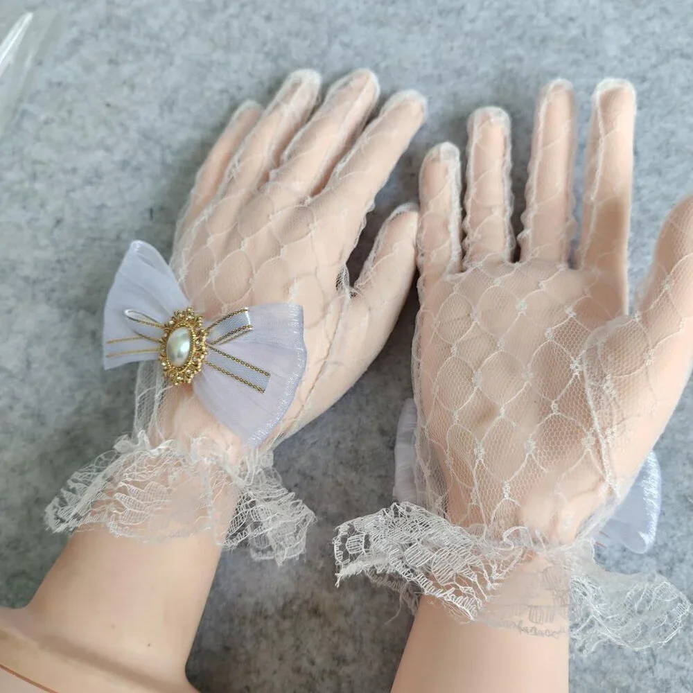 Women's Hand Sleeve White Bow Lace Gloves Wedding Halloween Costume Party Prom